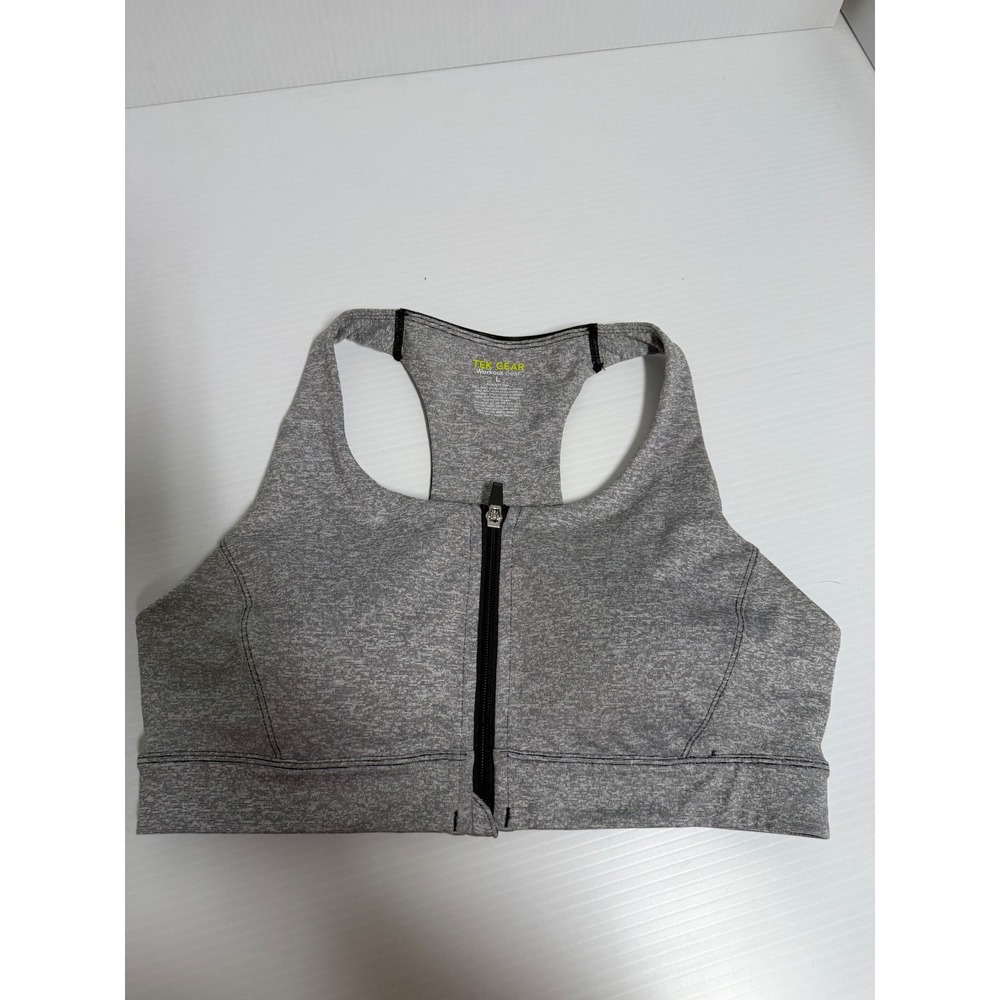 Tek Gear Workout Gear Gray Heathered Front Zip Racerback Sports Bra Large
